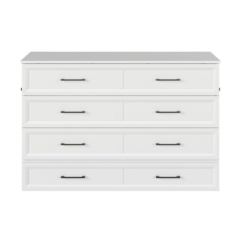 Tucson Queen Murphy Bed Chest with 6" Mattress, Storage Drawer & Built-In Charger in White - Front View Closed Chests - White background