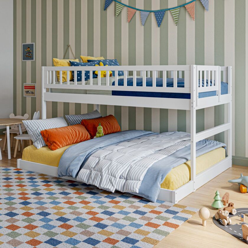 White Malibu Wood Low Twin over Full Bunk Bed - 30 degree angle- roomsetting