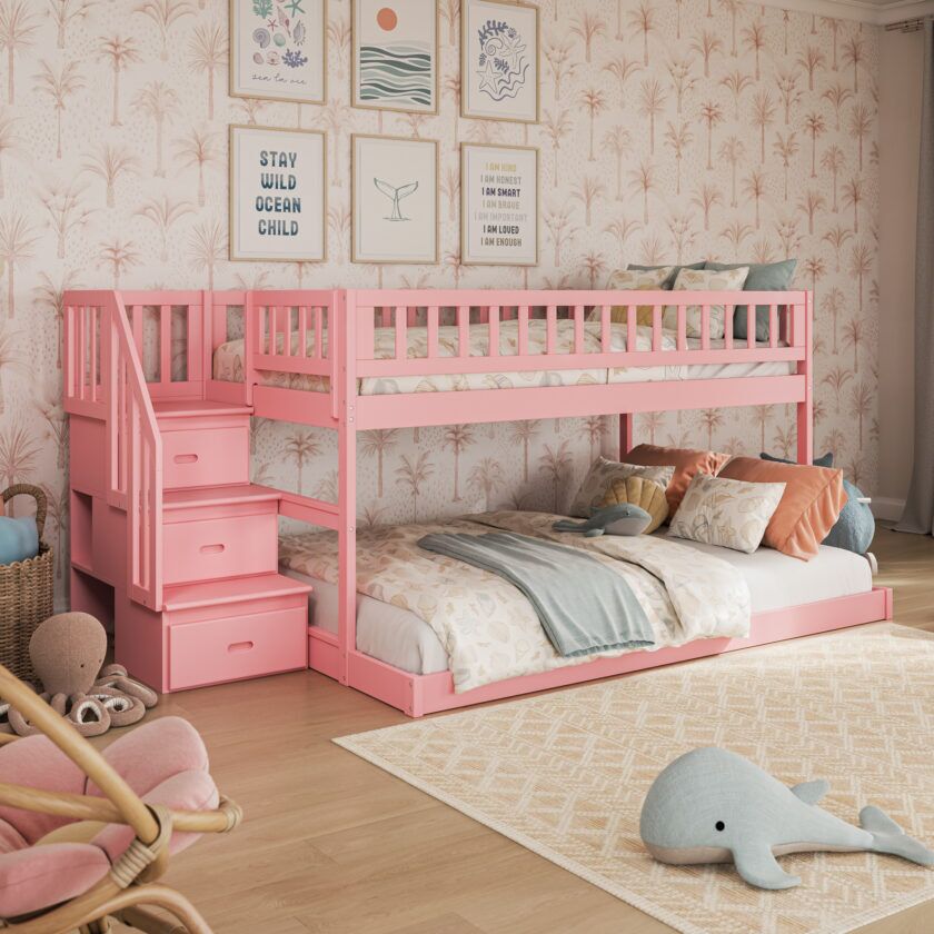 Pink Malibu Wood Low Twin over Full Staircase Bunk Bed - 30 degree angle- roomsetting