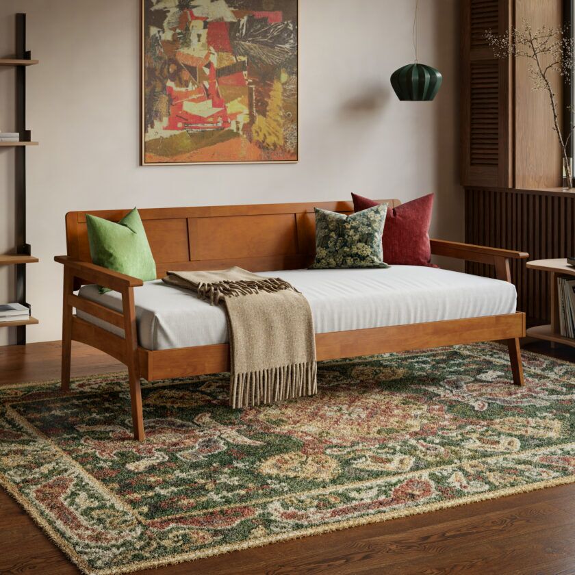 Mesa Twin Wood Daybed in Teak - 30 degree angle - Mid century modern roomsetting